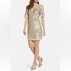 Vince Camuto Gold Sequin Short Sleeve Off Shoulder Dress Raw Hems Size 6